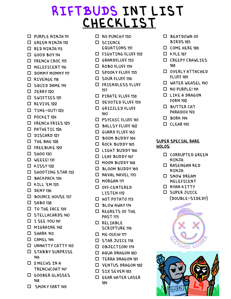 Riftbuds INT List Card Checklist